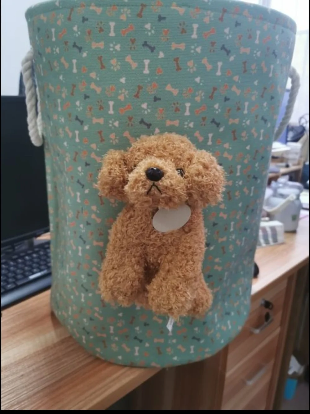 Mint Fabric Storage Bin with Plush Dog Accent and Rope Handles